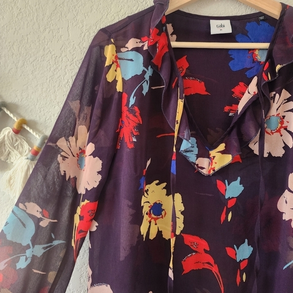 Cabi Juliet Ruffle Semi Sheer Floral Long Sleeve Top Business Casual Modest M - Picture 3 of 11